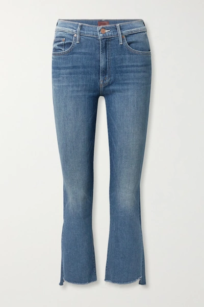 Shop Mother The Insider Frayed Cropped High-rise Flared Jeans In Dark Denim