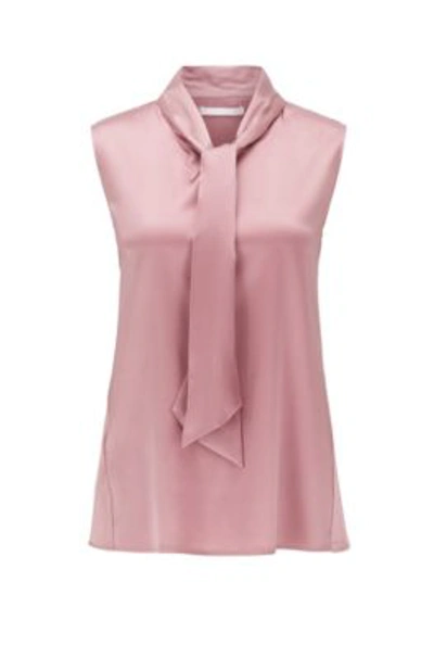 Shop Hugo Boss - Sleeveless Top In Stretch Silk With Tie Neck - Light Pink