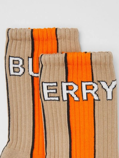 Shop Burberry Logo Intarsia Striped Cotton Blend Socks In Soft Fawn