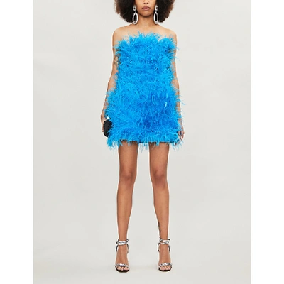 Shop Attico Mini Feather Dress In Turquoise