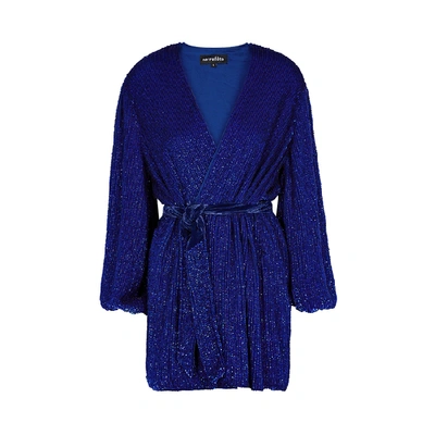 Shop Retroféte Gabrielle Blue Sequin Mini Wrap Dress