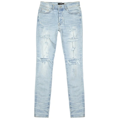 Shop Amiri Thrasher Light Blue Distressed Slim-leg Jeans In Denim
