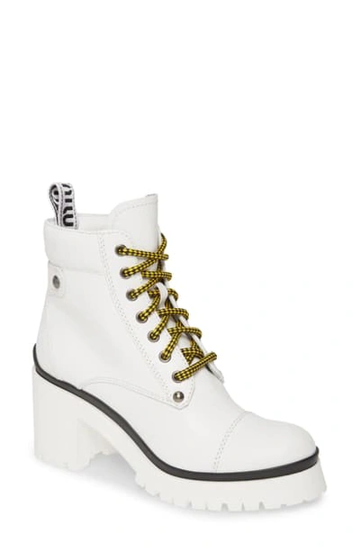Shop Miu Miu Nevermind Platform Hiking Boot In White Leather