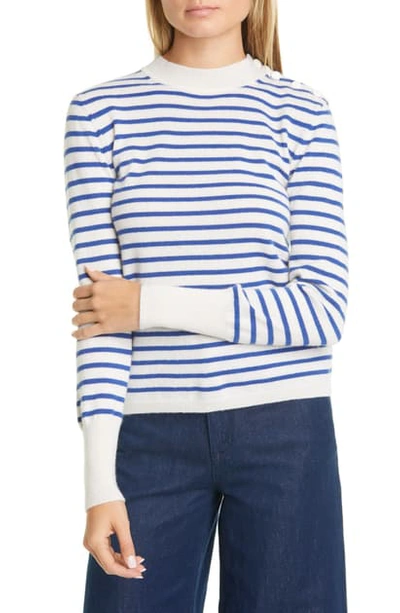 Shop Equipment Clodee Stripe Shoulder Button Cashmere Sweater In Ntr Wht Sod Blu
