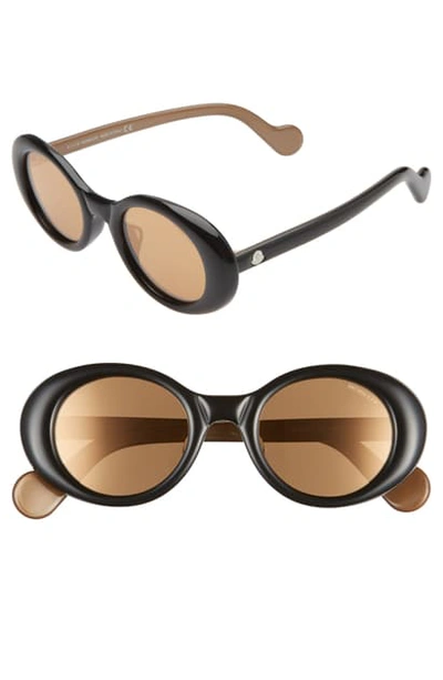 Shop Moncler 48mm Round Sunglasses In Shiny Black/ Gold Mirrored