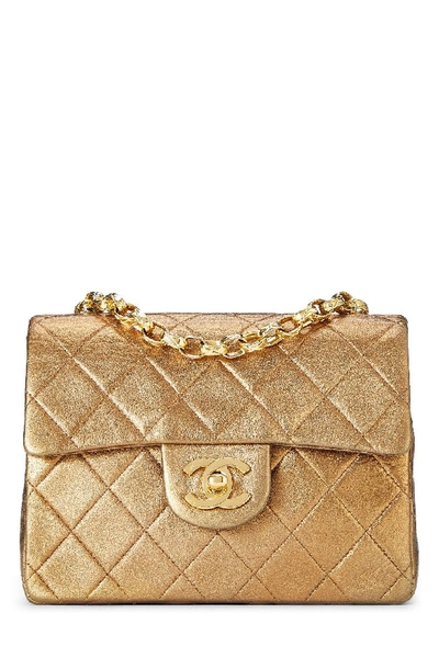 Pre-owned Chanel Gold Metallic Quilted Lambskin Half Flap Mini