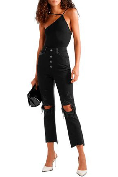 Shop Amiri Leather-paneled Distressed High-rise Straight-leg Jeans In Black