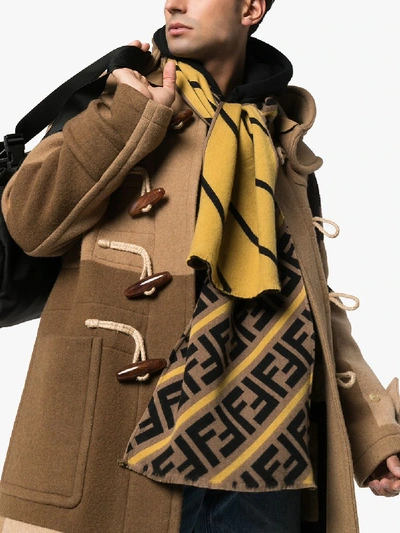 Shop Fendi Brown And Yellow Striped Logo Wool And Silk Blend Scarf