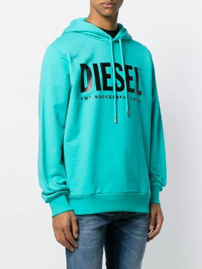 Shop Diesel Logo Print Hooded Sweatshirt In Blue