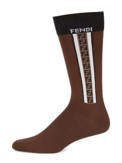 Shop Fendi Men's Ff Block Stripe Socks In Dark Brown