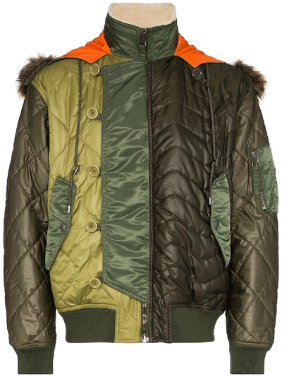 Shop Moschino Panelled Quilted Jacket In Green