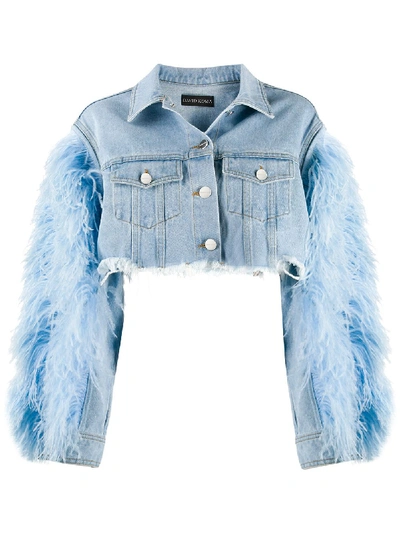Shop David Koma Feather-trimmed Cropped Denim Jacket In Blue