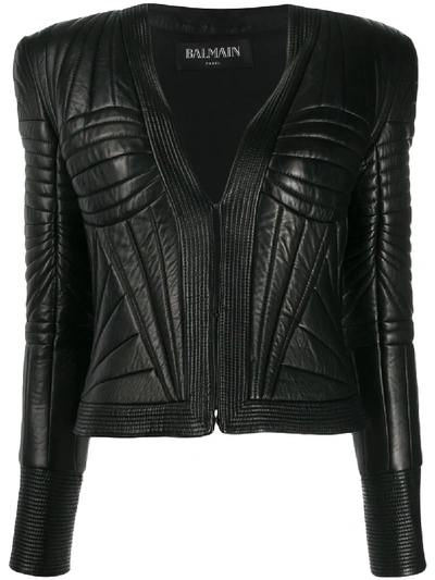 Shop Balmain Quilted Leather Jacket In 黑色