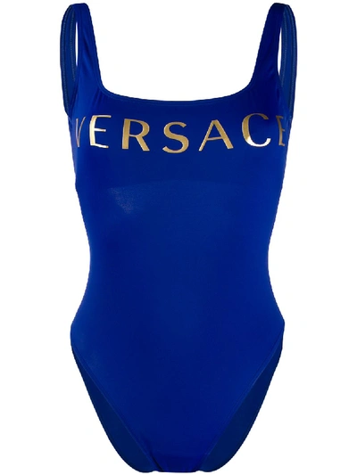 Shop Versace Logo Print Swimsuit In Blue