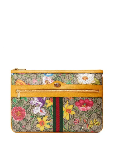 Shop Gucci Ophidia Flora Clutch Bag In Yellow