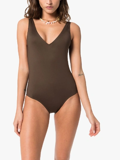 Shop Asceno Comporta V-neck Swimsuit In Brown