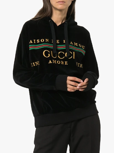 Shop Gucci Embroidered Logo Hoodie In Black