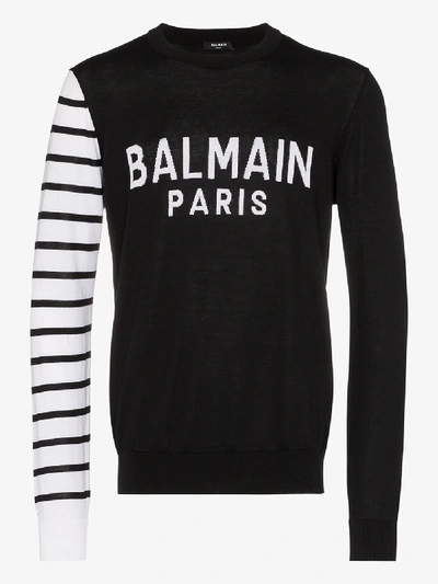 Shop Balmain Logo Print Contrast Cotton Sweatshirt In Black