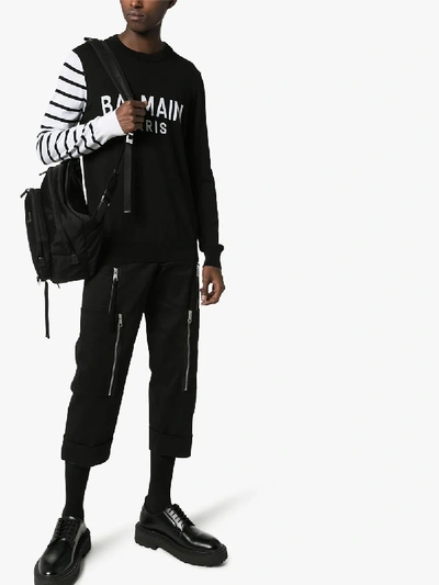 Shop Balmain Logo Print Contrast Cotton Sweatshirt In Black