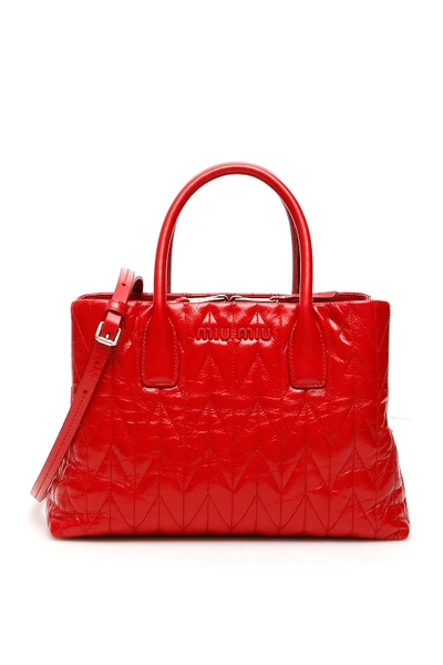 Shop Miu Miu Quilted Shine Calfskin Tote Bag In Red
