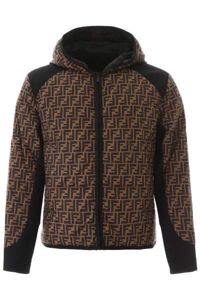 Shop Fendi Ff Logo Puffer Jacket In Brown,black