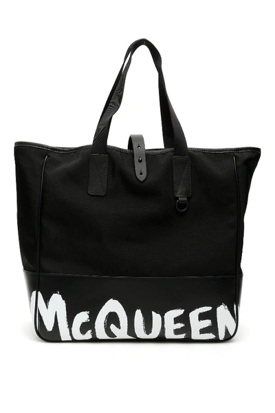 Shop Alexander Mcqueen Graffiti Logo Shopper 35 In Black,white