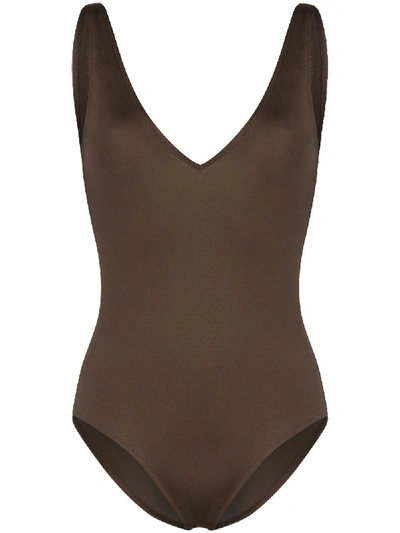 Shop Asceno V-neck Open-back Swimsuit In Brown