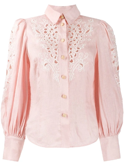 Shop Zimmermann Puffed Sleeve Cut Out Detail Shirt In Pink