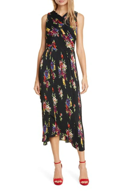 Shop Kate Spade Rare Roses Floral Pleated Midi Dress In Black