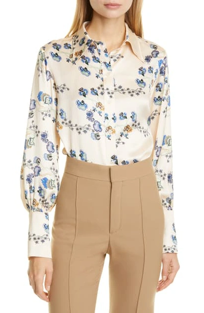 Shop Chloé Floral Print Silk Blouse In Multicolor Beige 1