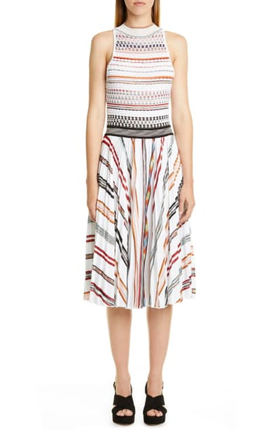 Shop Missoni Stripe Pleated Sleeveless Knit Midi Dress In White Multi