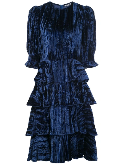 Shop Batsheva Velvet Tiered Ruffle Dress In Blue