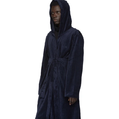 Shop Hugo Boss Boss Navy Velour Hooded Robe In 403 Blue