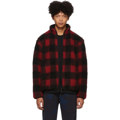 Shop John Elliott Reversible Red And Black Polar Fleece Buffalo Check Zip Up Jacket In Redblkbufal