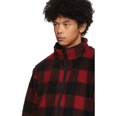 Shop John Elliott Reversible Red And Black Polar Fleece Buffalo Check Zip Up Jacket In Redblkbufal