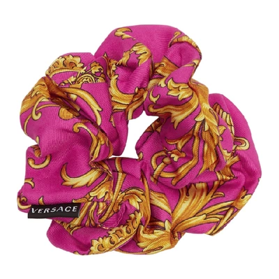 Shop Versace Pink And Yellow Barocco Scrunchie In A7230 Pink