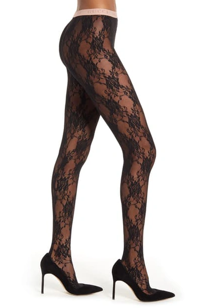 Shop Gucci Floral Lace Sheer Tights In Black