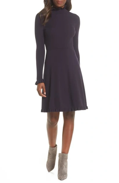 Shop Eliza J Ruffle Trim Long Sleeve Sweater Dress In Navy