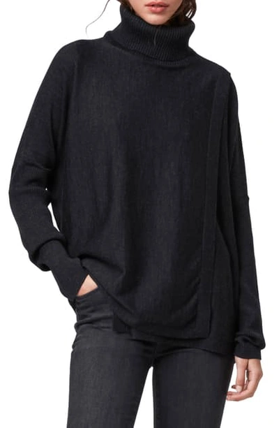 Shop Allsaints Koko Merino Wool Turtleneck Wrap Sweater In Cinder Black Marl
