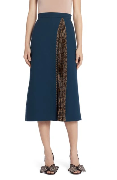 Shop Fendi Pleated Ff Inset Wool Crepe A-line Midi Skirt In Navy