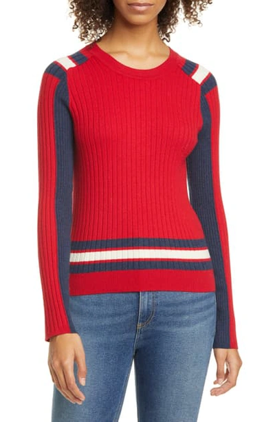 Shop Rag & Bone Julee Ribbed Colorblock Merino Wool & Cotton Sweater In Bright Red
