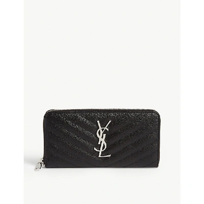 Shop Saint Laurent Women's Black Silver Monogram Quilted Leather Zip-around Wallet