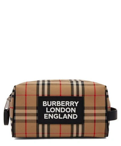 Shop Burberry Vintage Check Logo Washbag In Archive Beige
