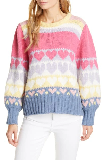 Shop Loveshackfancy Shirelle Heart Pattern Balloon Sleeve Sweater In Pink Icing