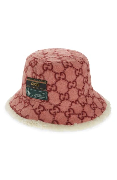 Shop Gucci Gg Faux Shearling Lined Wool Blend Bucket Hat In Roseate/ White