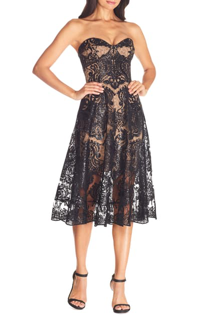 black strapless fit and flare dress