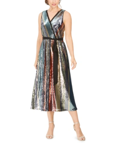 Shop Julia Jordan Sequined-stripe Midi Dress In Silver/teal/red