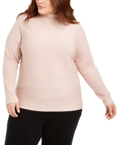 Shop Eileen Fisher Plus Size Wool Ribbed Funnel-neck Sweater In Sugar Plum
