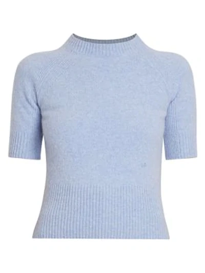Shop Victoria Beckham Short-sleeve Wool Mockneck Sweater In Light Blue