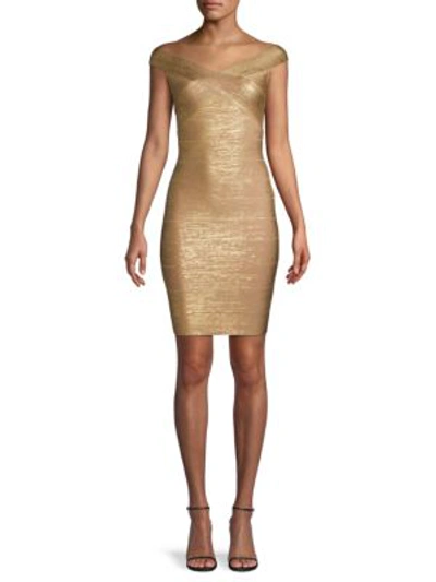 Shop Herve Leger Off-the-shoulder Metallic Bandage Dress In Gold Foil